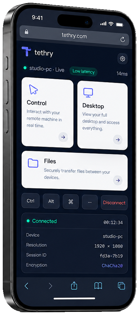 The Tethry web client open in a phone browser at tethry.com/app, controlling a connected machine.